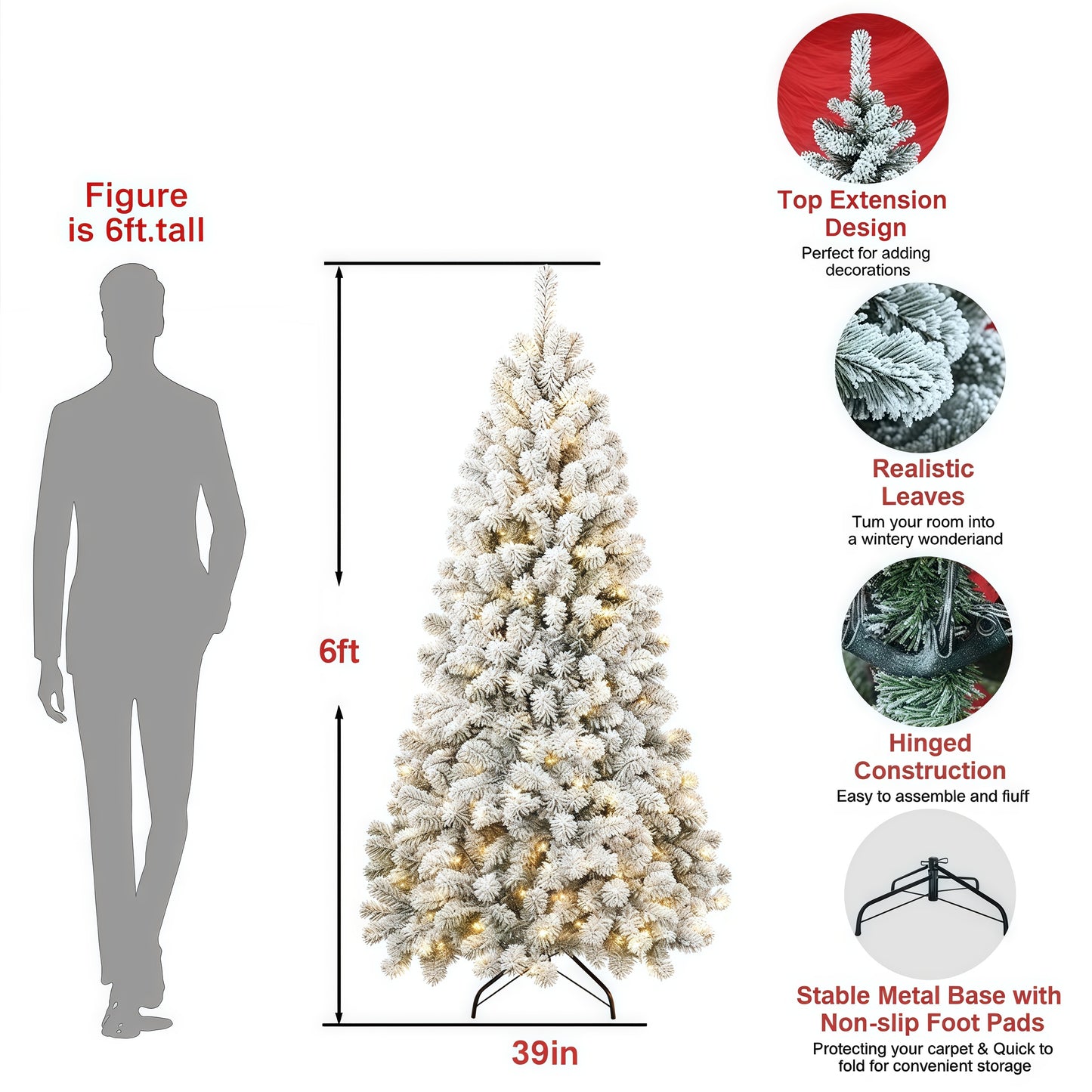 Unmatched Realism: 6ft Flocked Christmas Tree with 350 Lights & Realistic PVC Tips