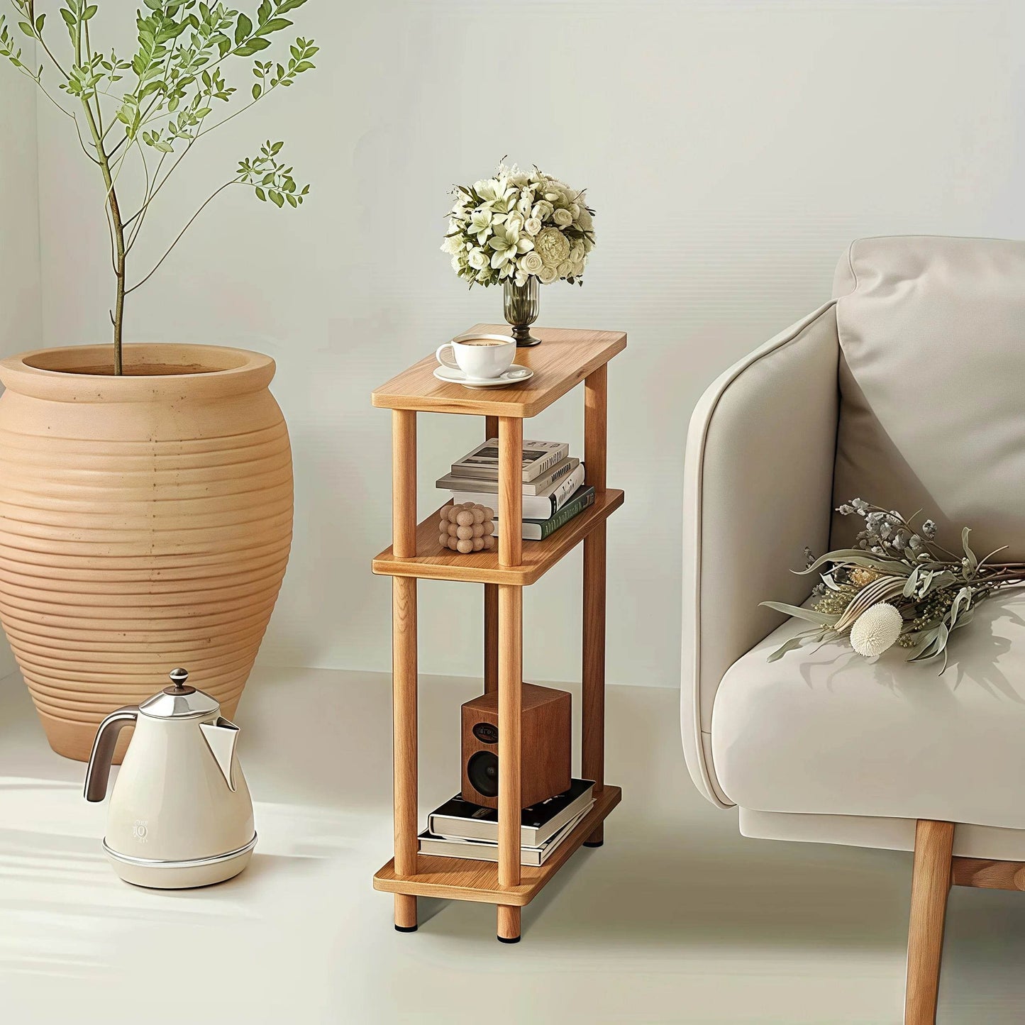 Naawe Slim 3-tier Wooden Side Table with Storage Shelves for Living Room, Bedroom and Sofa - Naawe