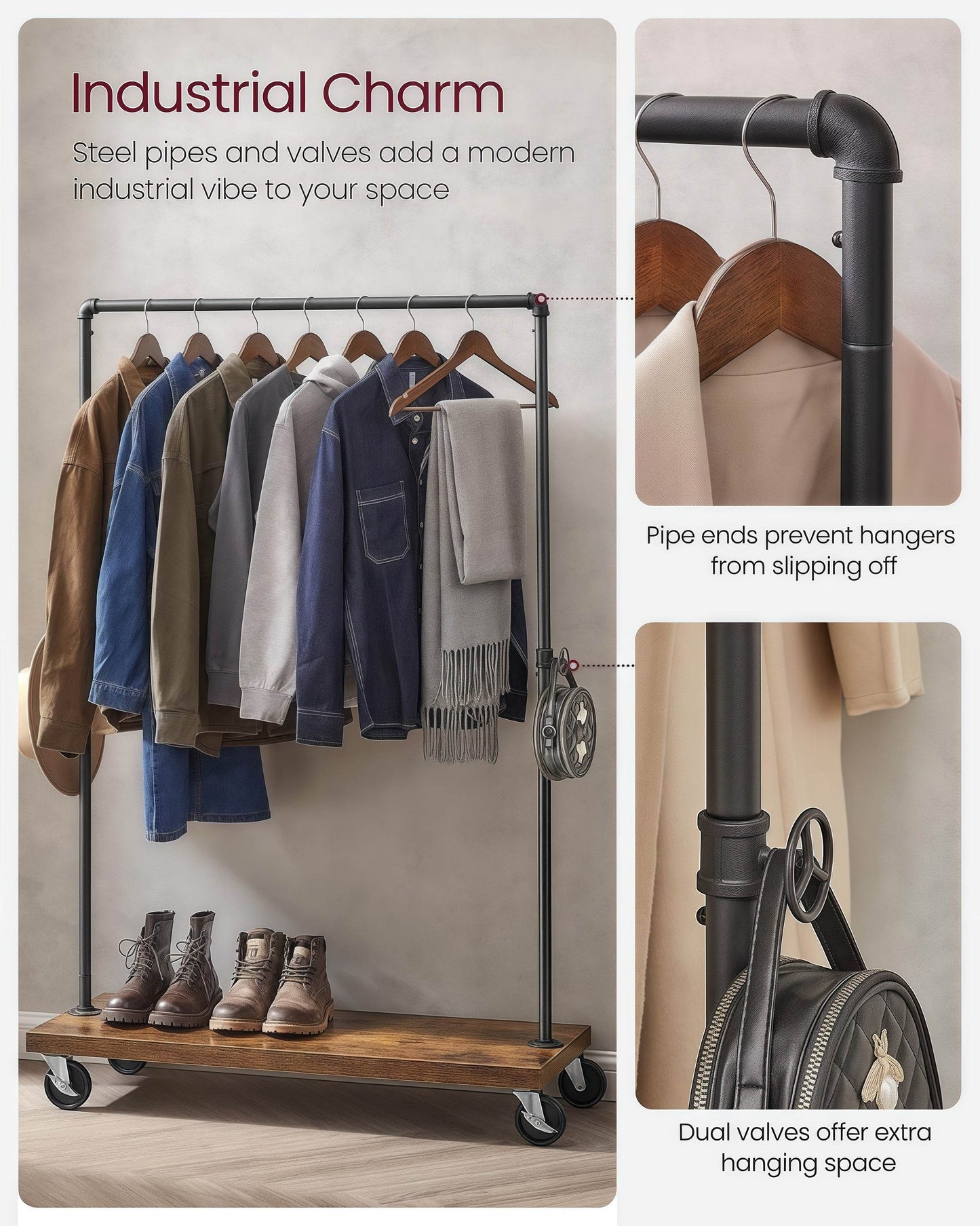 Naawe Heavy Duty Rolling Clothing Rack with Shelf - Naawe