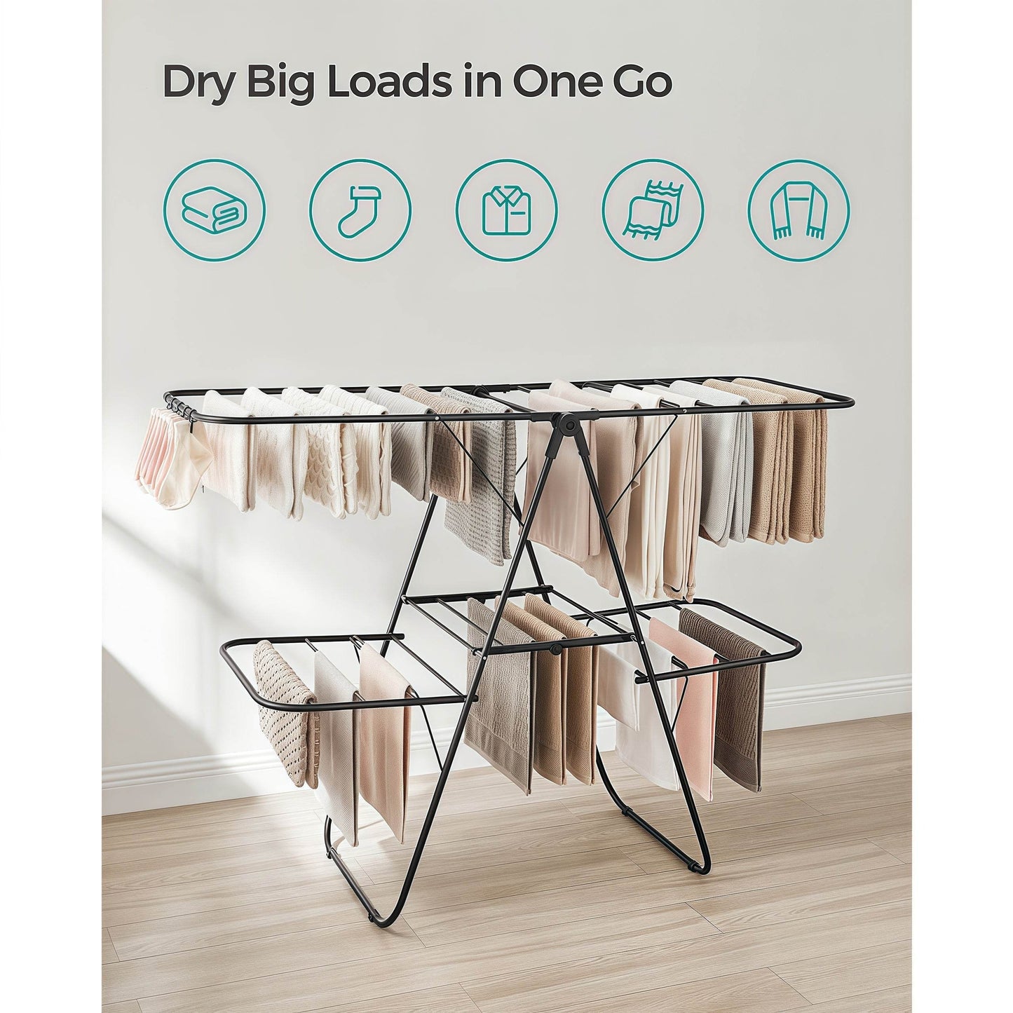 Naawe Foldable 2-Level Clothes Drying Rack with Height-Adjustable Wings - Naawe