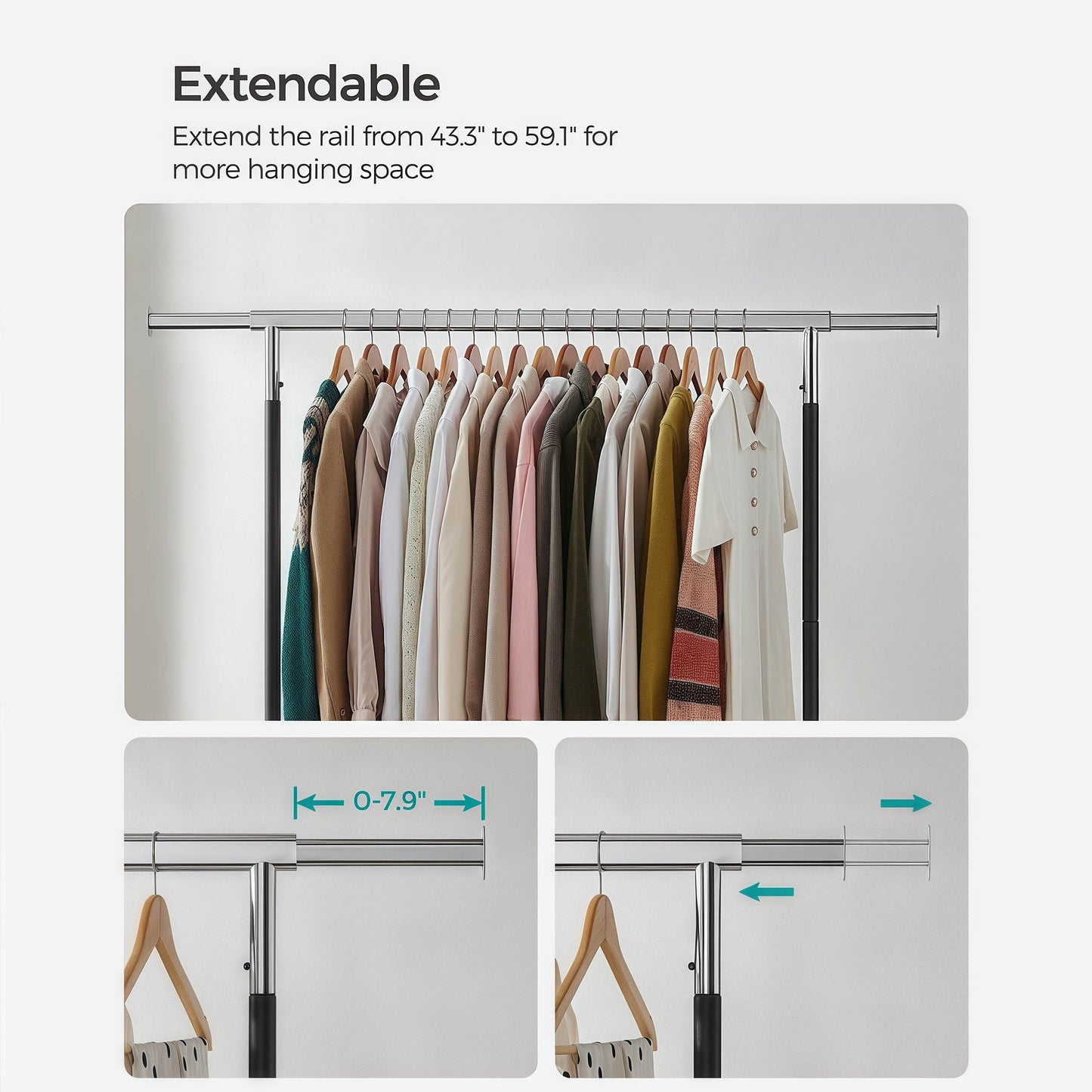 Naawe Stainless Steel Adjustable Heavy Duty Clothes Rack with Wheels with Retractable Hanging Bar - Naawe