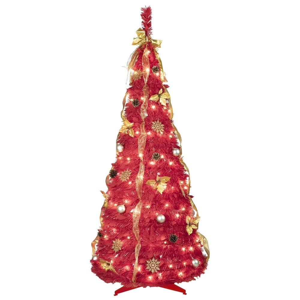 Instant Holiday Magic: 6ft Pre-Lit Red Christmas Tree that Pops Up in Seconds