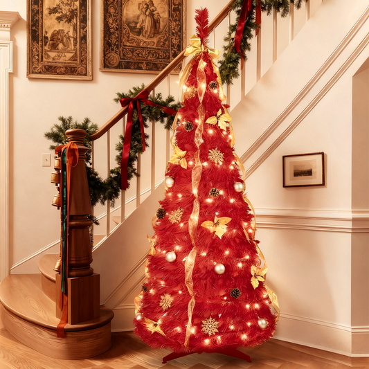 Instant Holiday Magic: 6ft Pre-Lit Red Christmas Tree that Pops Up in Seconds