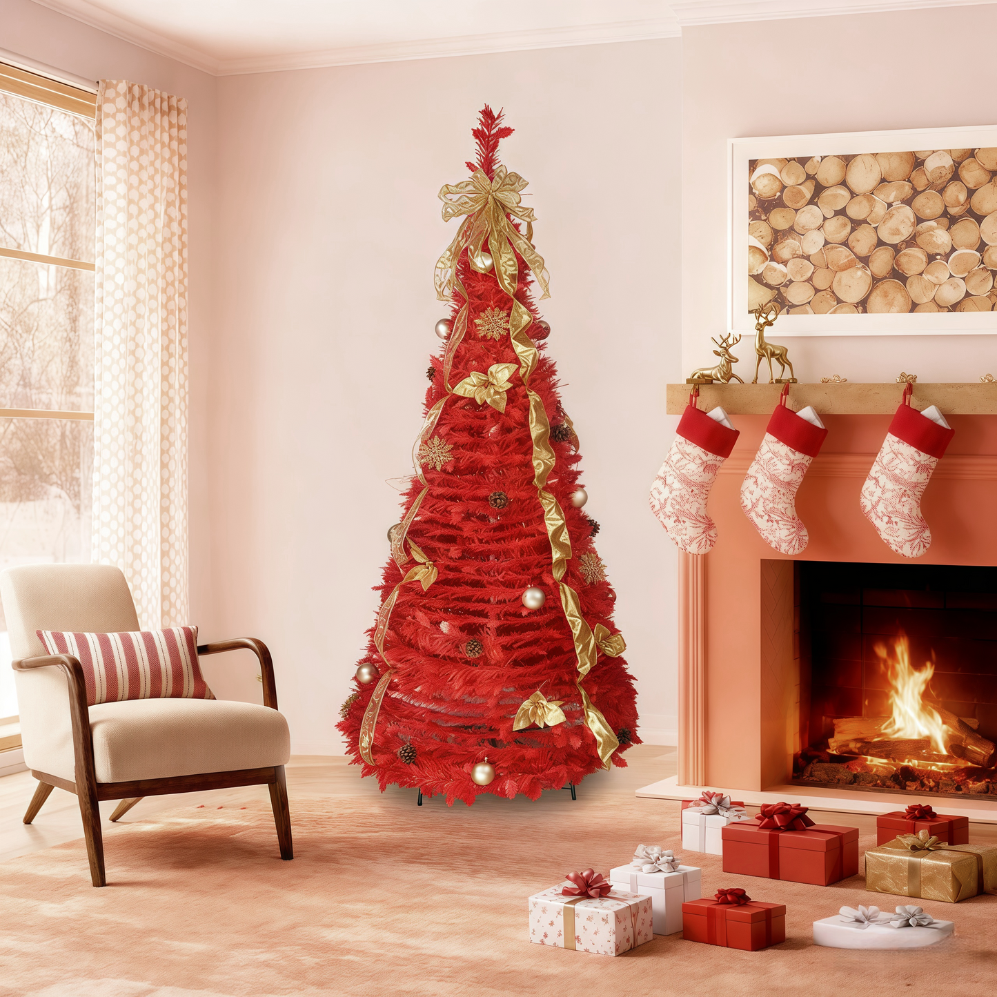 Instant Holiday Magic: 6ft Pre-Lit Red Christmas Tree that Pops Up in Seconds