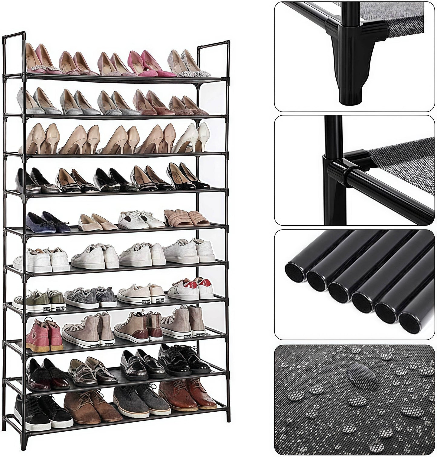 Naawe Space-saving Black Iron Fabric 10-Tier Shoe Rack Holds 40-50 Pairs of Shoes - Naawe