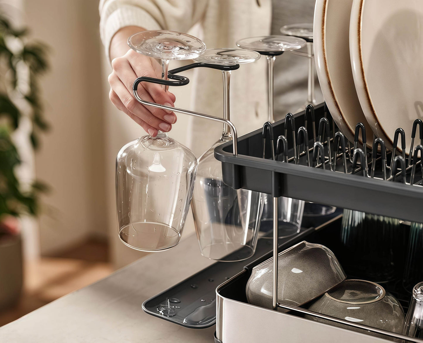 Naawe Double Dish Drying Rack with Drainage System with Wine Glass Holder - Naawe