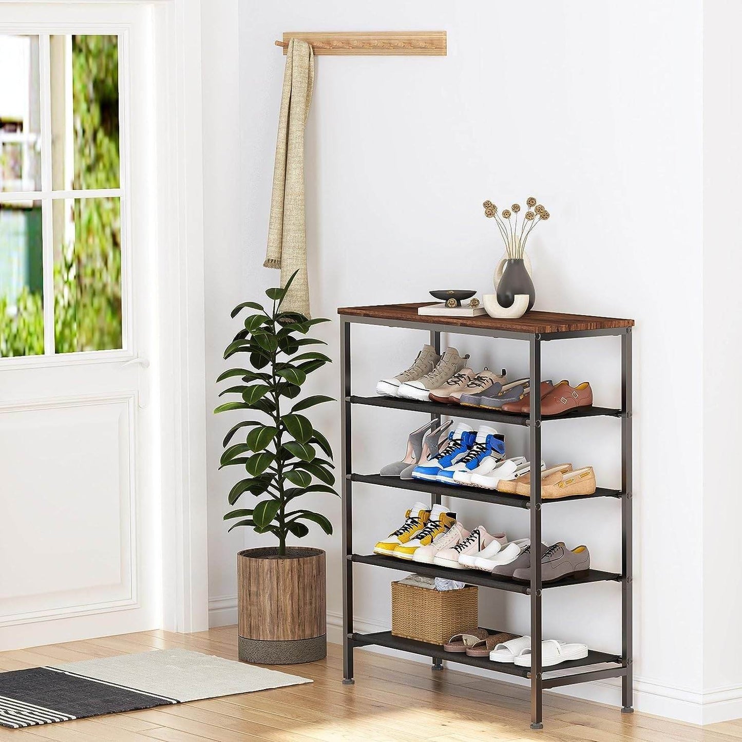 Naawe Multi-Functional Patchwork Wooden Board Assembly 5 Tier Shoe Rack for 12-16 Pairs of Shoes - Naawe