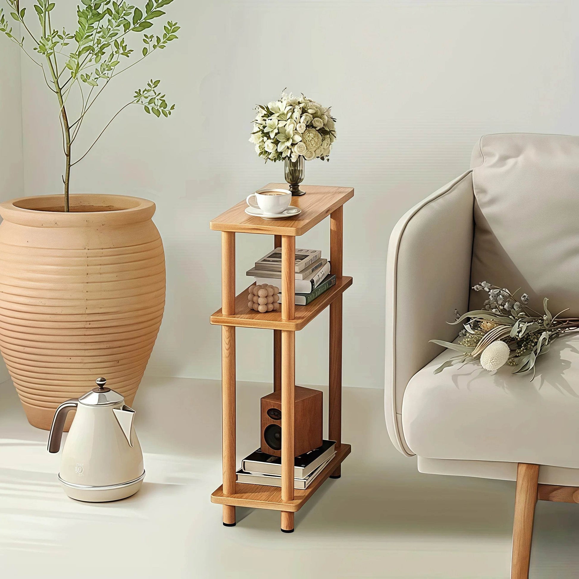 Naawe Slim 3-tier Wooden Side Table with Storage Shelves for Living Room, Bedroom and Sofa - Naawe