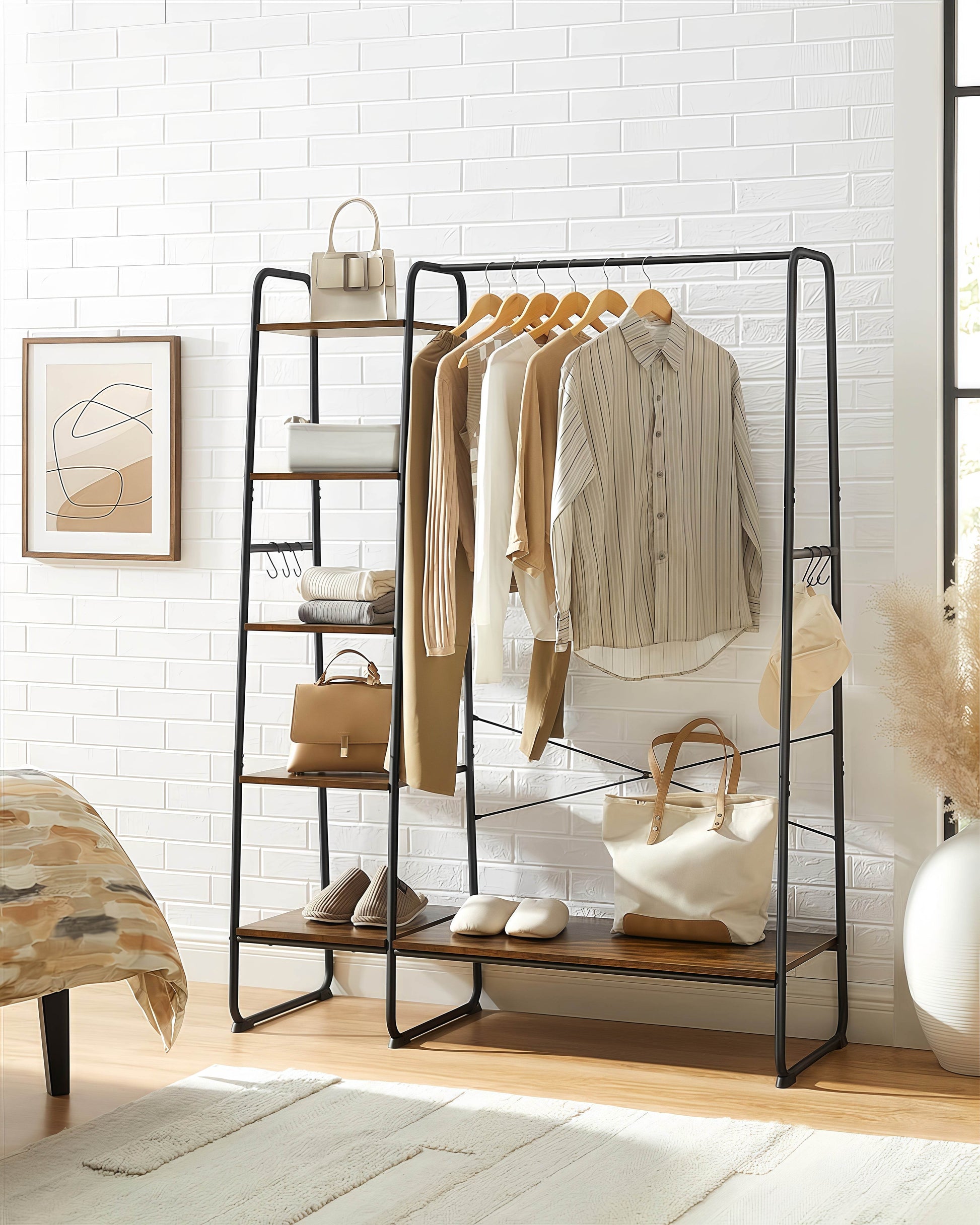 Naawe Modern Cloakroom Floor Hanging Clothes Rack with Shoe Rack and 5 Tier Organizer Combined 6 Side Hooks - Naawe