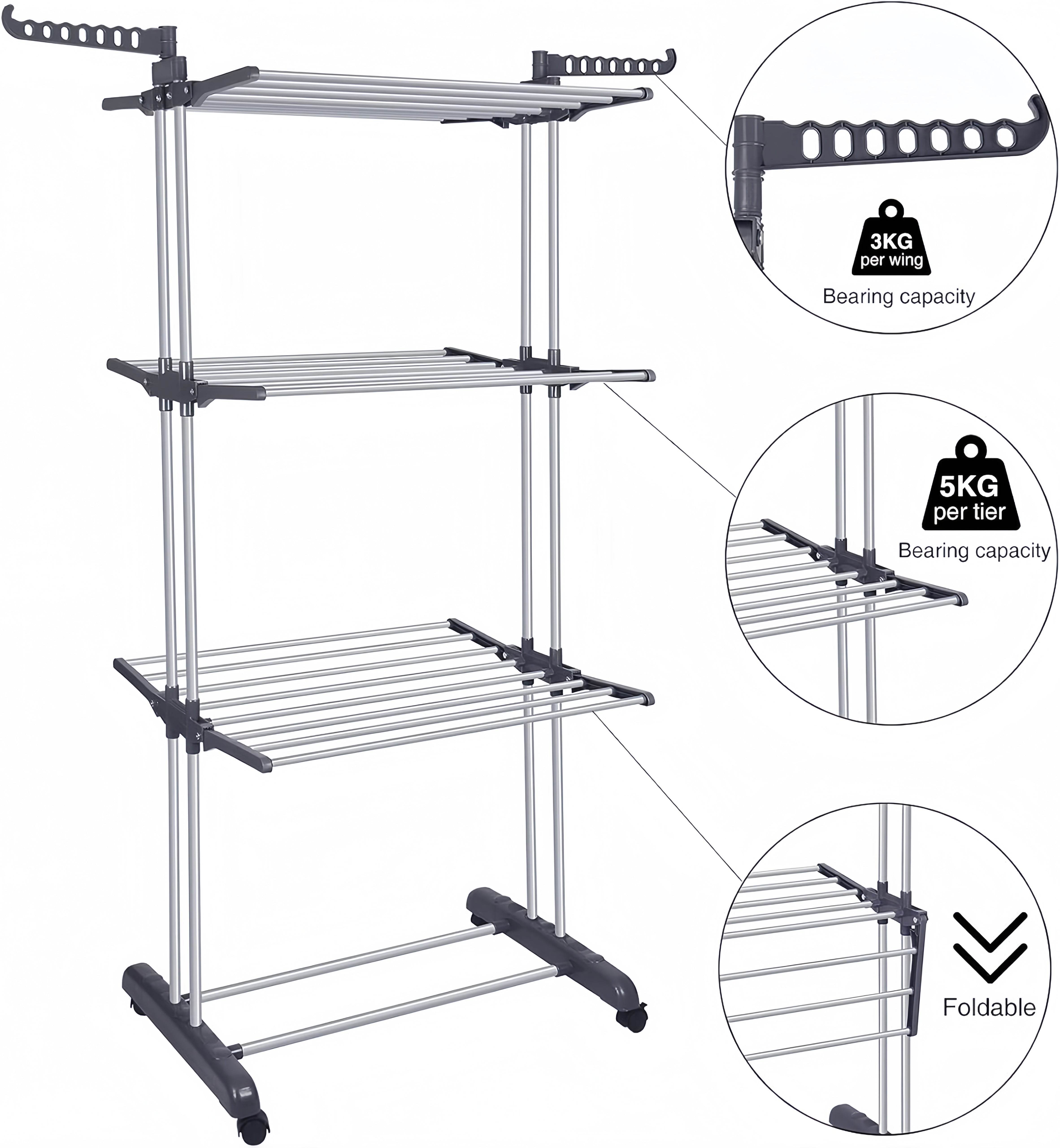Naawe 4 Tier Removable Stainless Steel Folding Drying Rack with Two Side Wings - Naawe