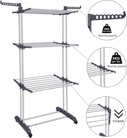 Naawe 4 Tier Removable Stainless Steel Folding Drying Rack with Two Side Wings - Naawe