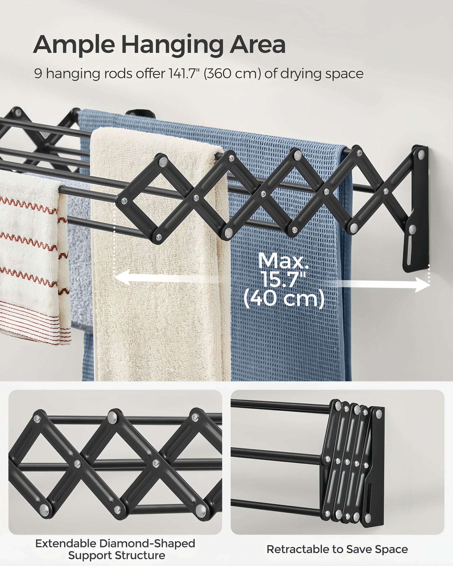 Naawe Wall-Mounted Expandable Steel Clothes Drying Rack with 9 Hanging Rods - Naawe