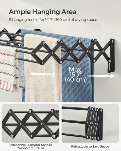 Naawe Wall-Mounted Expandable Steel Clothes Drying Rack with 9 Hanging Rods - Naawe