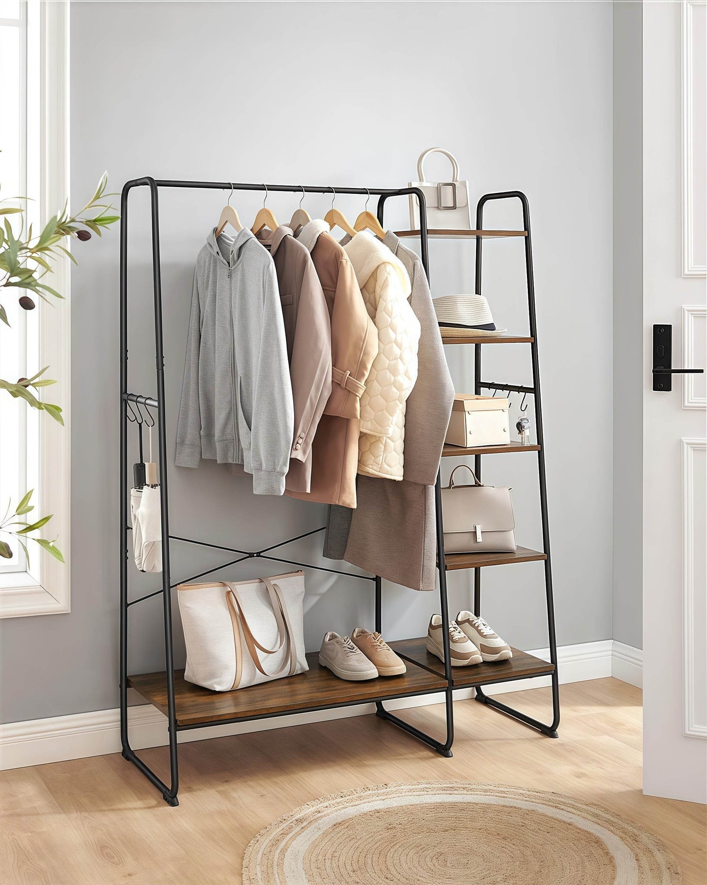 Naawe Modern Cloakroom Floor Hanging Clothes Rack with Shoe Rack and 5 Tier Organizer Combined 6 Side Hooks - Naawe