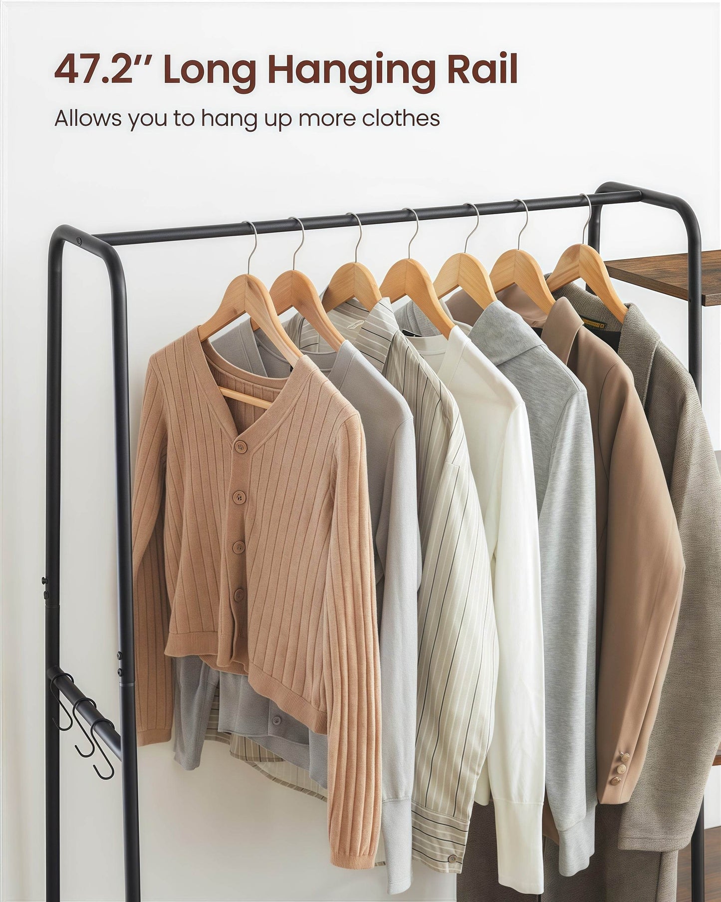 Naawe Modern Cloakroom Floor Hanging Clothes Rack with Shoe Rack and 5 Tier Organizer Combined 6 Side Hooks - Naawe