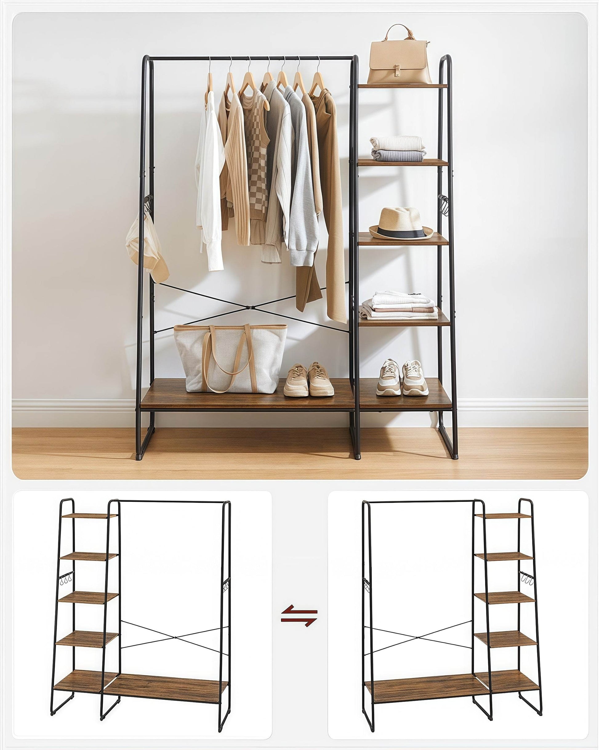 Naawe Modern Cloakroom Floor Hanging Clothes Rack with Shoe Rack and 5 Tier Organizer Combined 6 Side Hooks - Naawe