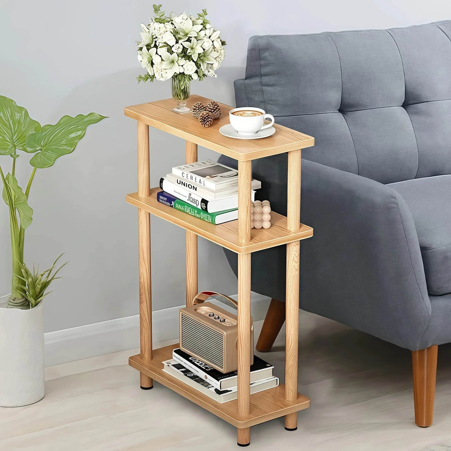 Naawe Slim 3-tier Wooden Side Table with Storage Shelves for Living Room, Bedroom and Sofa - Naawe