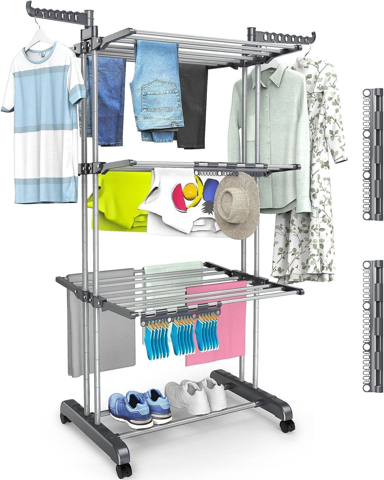 Naawe 4 Tier Removable Stainless Steel Folding Drying Rack with Two Side Wings - Naawe