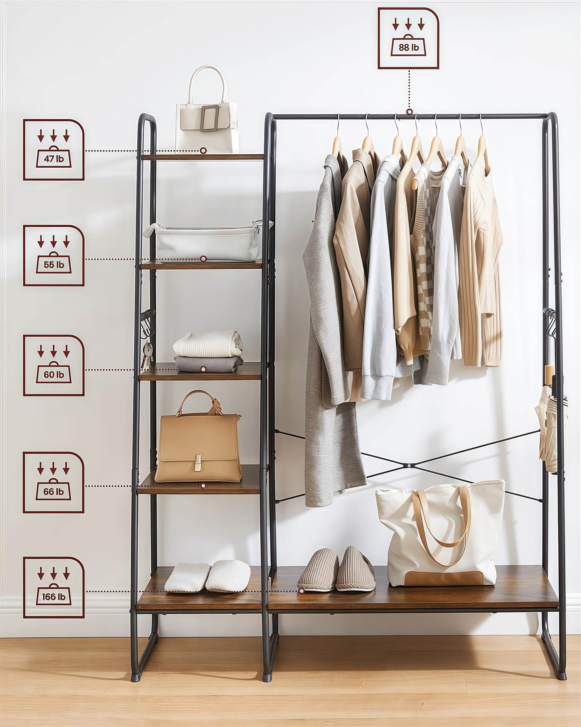 Naawe Modern Cloakroom Floor Hanging Clothes Rack with Shoe Rack and 5 Tier Organizer Combined 6 Side Hooks - Naawe