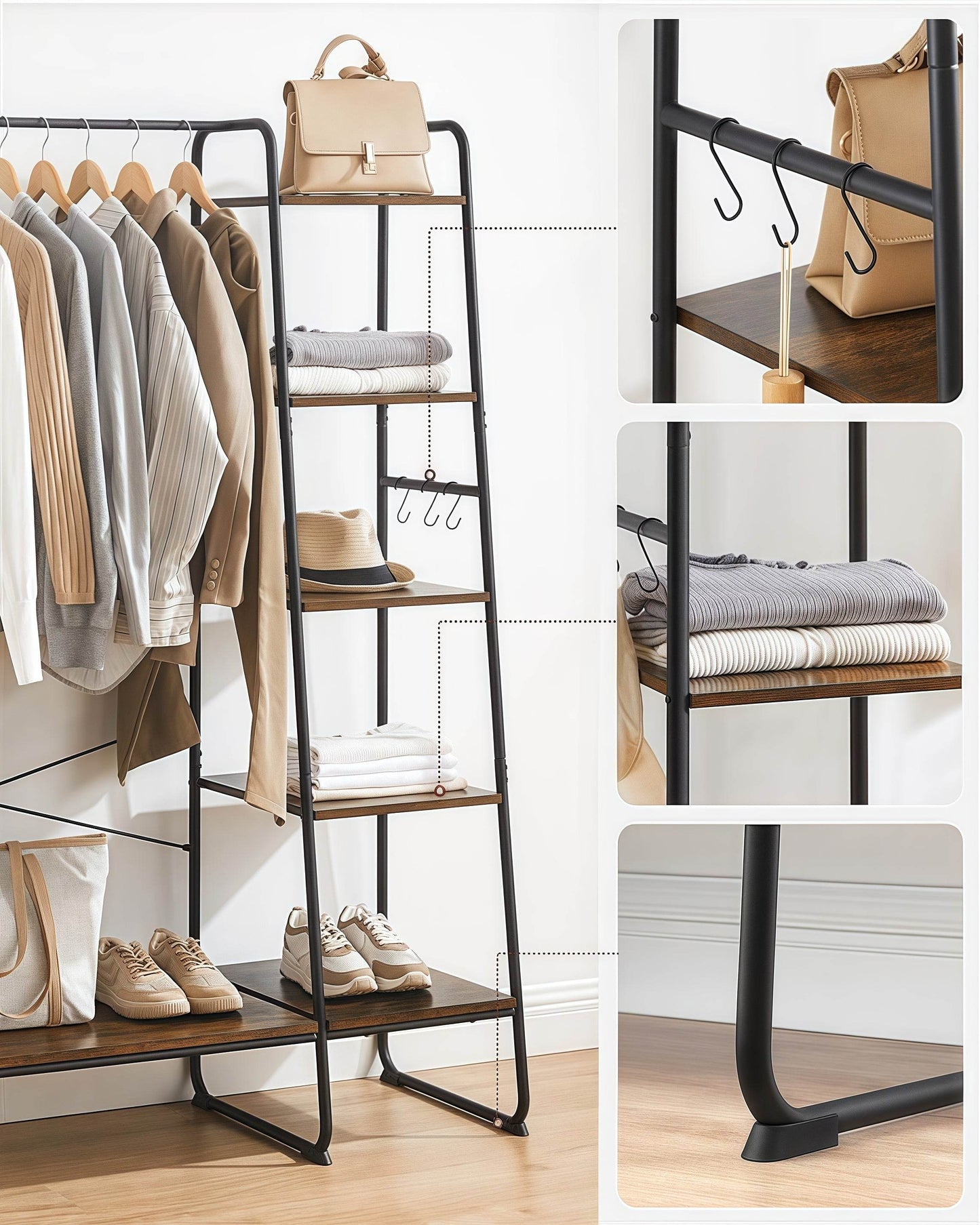 Naawe Modern Cloakroom Floor Hanging Clothes Rack with Shoe Rack and 5 Tier Organizer Combined 6 Side Hooks - Naawe