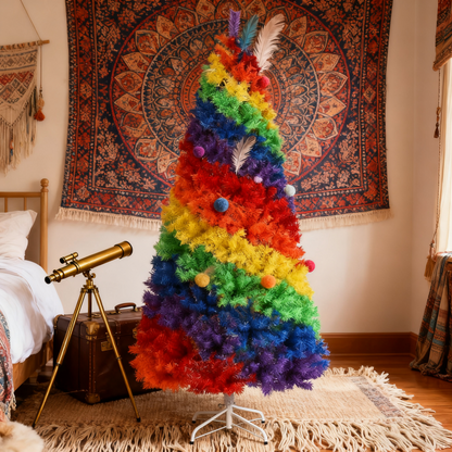7 ft. Colorful Rainbow Hinged Artificial Christmas Tree Holiday Decor with Metal Stand