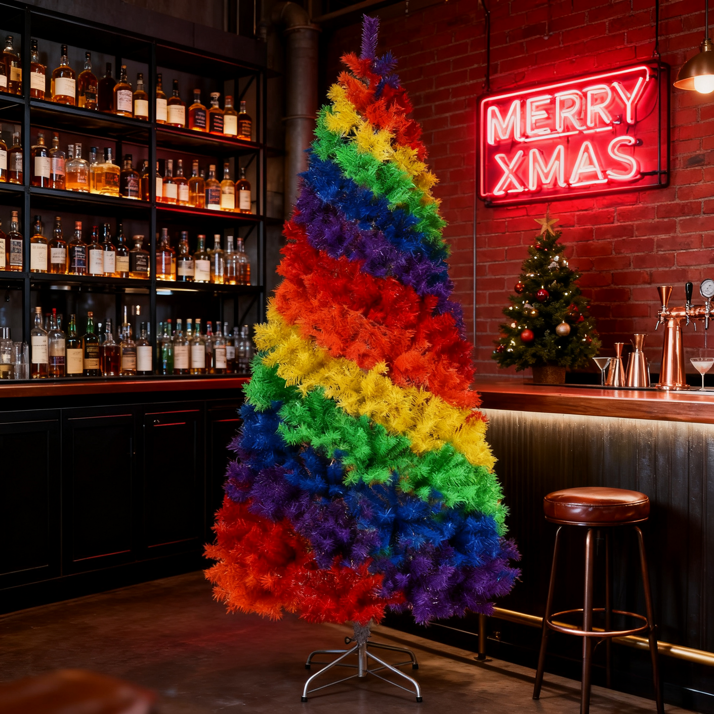 7 ft. Colorful Rainbow Hinged Artificial Christmas Tree Holiday Decor with Metal Stand