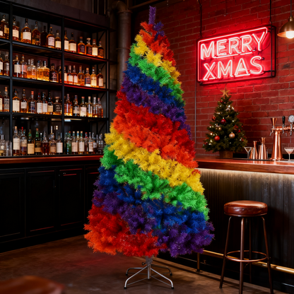 7 ft. Colorful Rainbow Hinged Artificial Christmas Tree Holiday Decor with Metal Stand