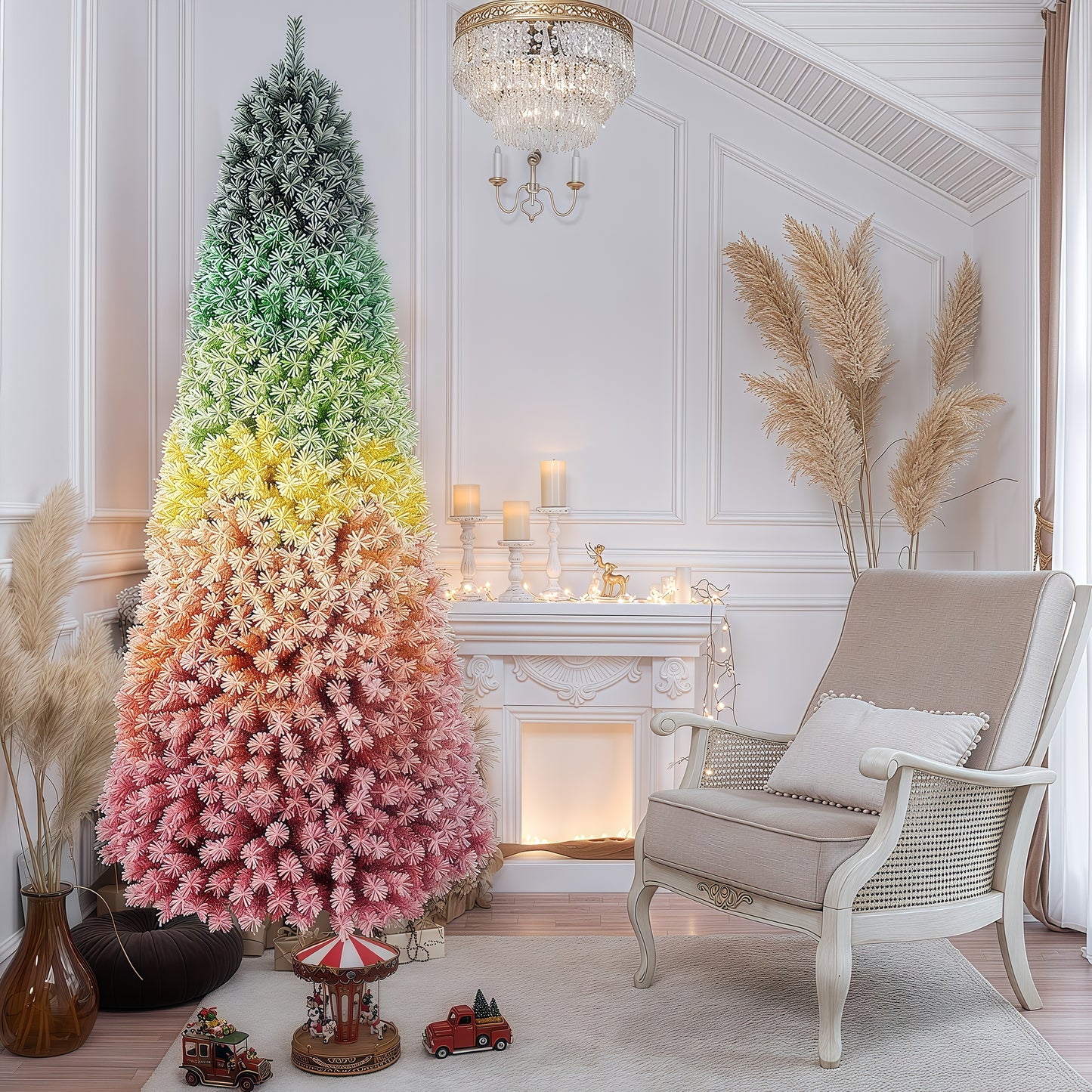 7.5ft Rainbow Gradient Flocked PVC Christmas Tree with 1927 Tips, Colorful Full-Bodied Artificial Pine