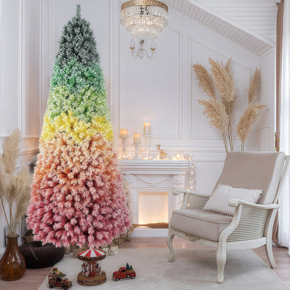7.5ft Rainbow Gradient Flocked PVC Christmas Tree with 1927 Tips, Colorful Full-Bodied Artificial Pine