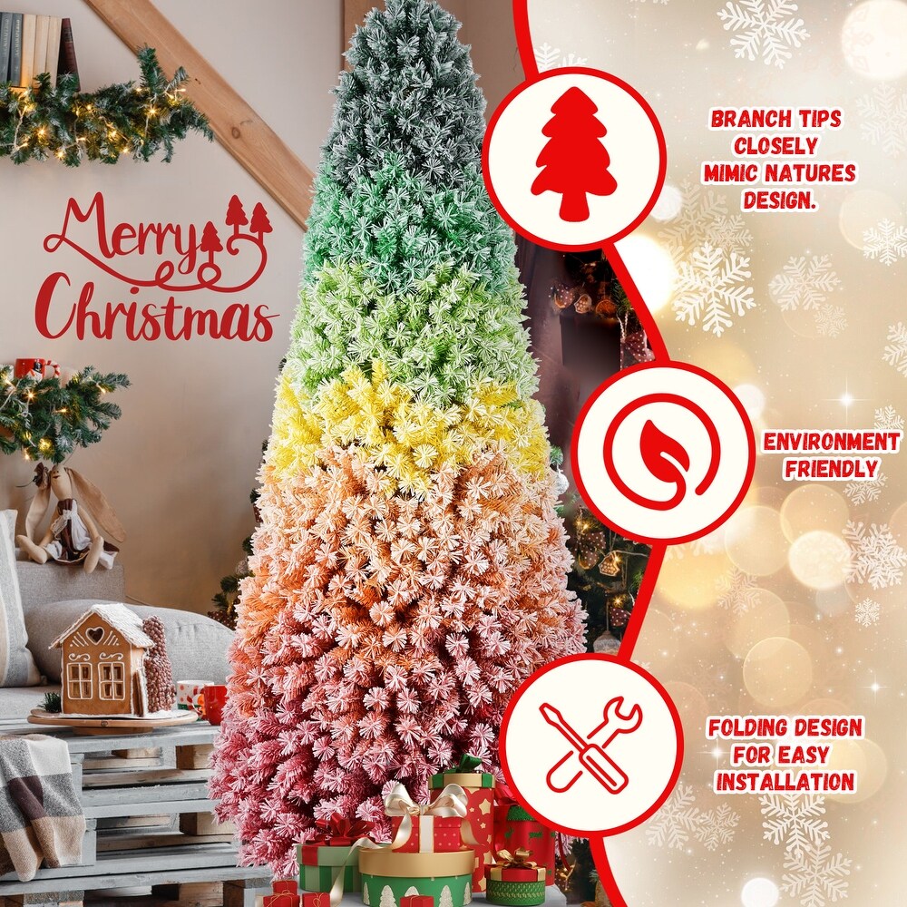7.5ft Rainbow Gradient Flocked PVC Christmas Tree with 1927 Tips, Colorful Full-Bodied Artificial Pine