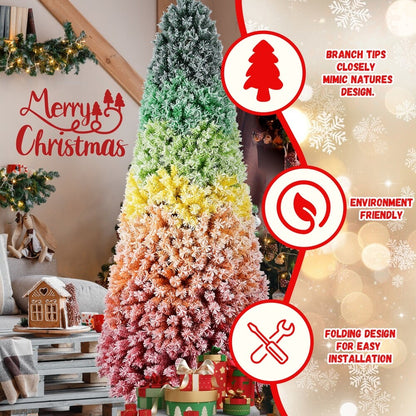 7.5ft Rainbow Gradient Flocked PVC Christmas Tree with 1927 Tips, Colorful Full-Bodied Artificial Pine