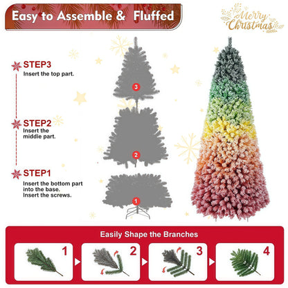 7.5ft Rainbow Gradient Flocked PVC Christmas Tree with 1927 Tips, Colorful Full-Bodied Artificial Pine