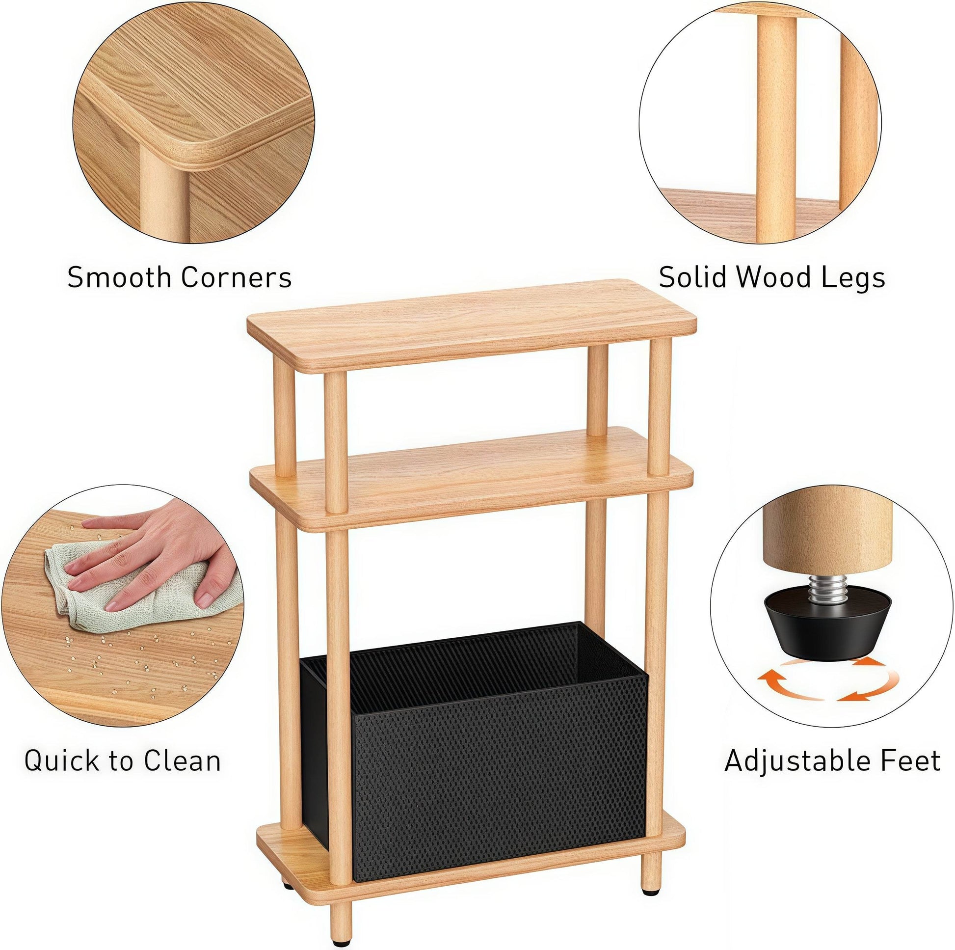 Naawe Slim 3-tier Wooden Side Table with Storage Shelves for Living Room, Bedroom and Sofa - Naawe