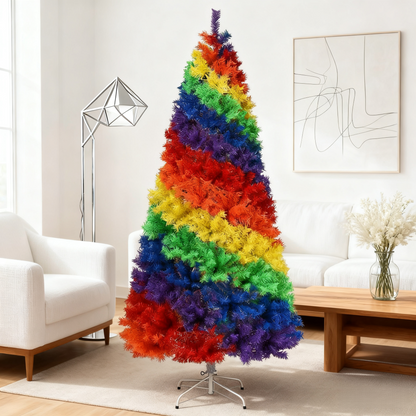 7 ft. Colorful Rainbow Hinged Artificial Christmas Tree Holiday Decor with Metal Stand