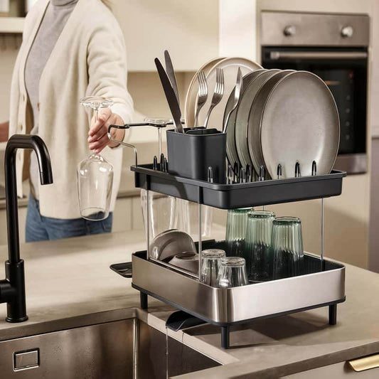 Naawe Double Dish Drying Rack with Drainage System with Wine Glass Holder - Naawe