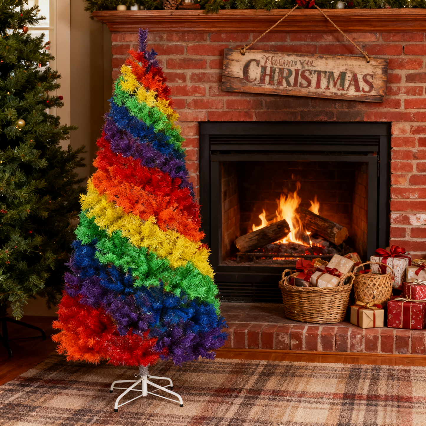 7 ft. Colorful Rainbow Hinged Artificial Christmas Tree Holiday Decor with Metal Stand