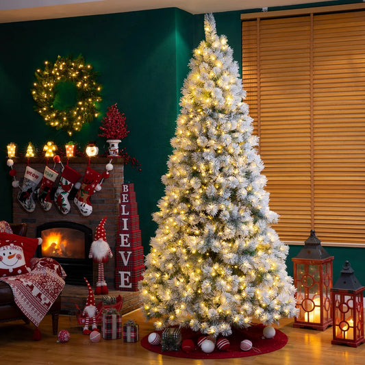 Glitzhome 6FT/7.5FT/9FT Warm White or Multi-Colored Pre-Lit Flocked Pine Artificial Christmas Tree