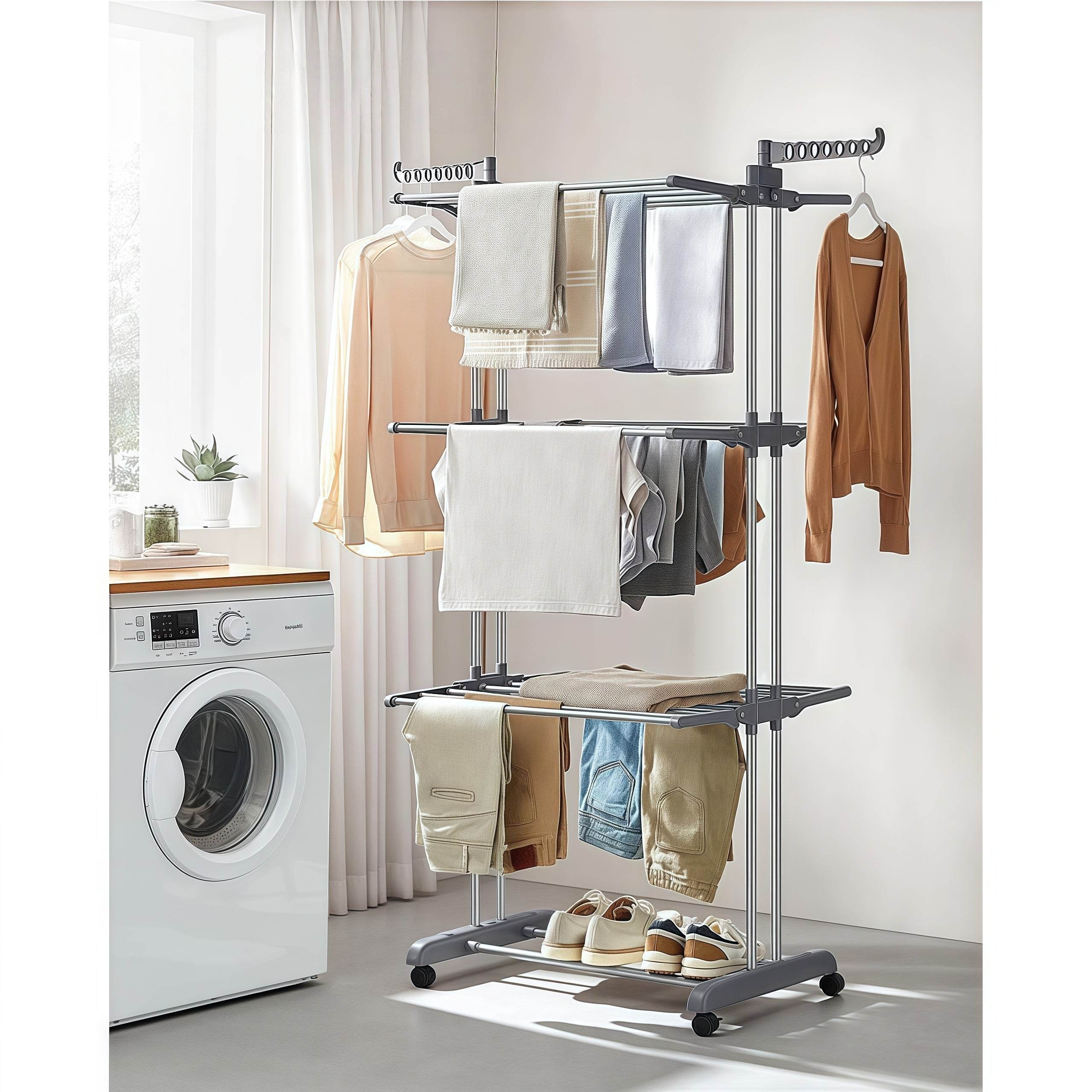 Naawe 4 Tier Removable Stainless Steel Folding Drying Rack with Two Side Wings - Naawe